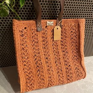 Handcrafted Crochet Tote Bag with Leather Handles - Rust
